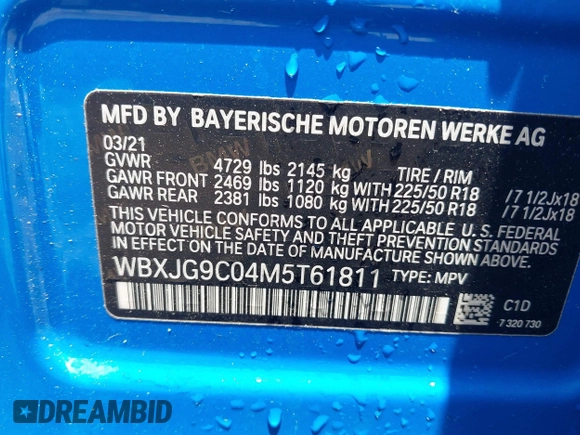 2021 BMW X1 xDrive28i with VIN WBXJG9C04M5T61811, listed as a IAAI auction lot 42509852 with 30,400 mi miles and . Bid and sale history available at DreamBid. Image 9.