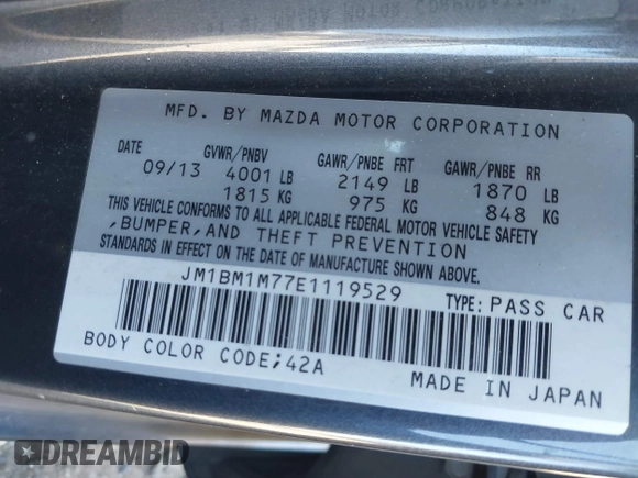 2014 Mazda 3 i Grand Touring with VIN JM1BM1M77E1119529, listed as a IAAI auction lot 41399739 with 126,931 mi miles and . Bid and sale history available at DreamBid. Image 9.