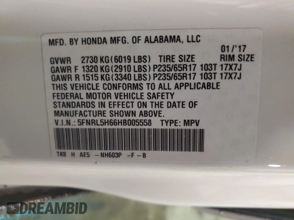2017 Honda Odyssey EX-L with VIN 5FNRL5H66HB005558, listed as a Copart auction lot 51144495 with 26,128 mi miles and Salvage Title. Bid and sale history available at DreamBid. Image 13.