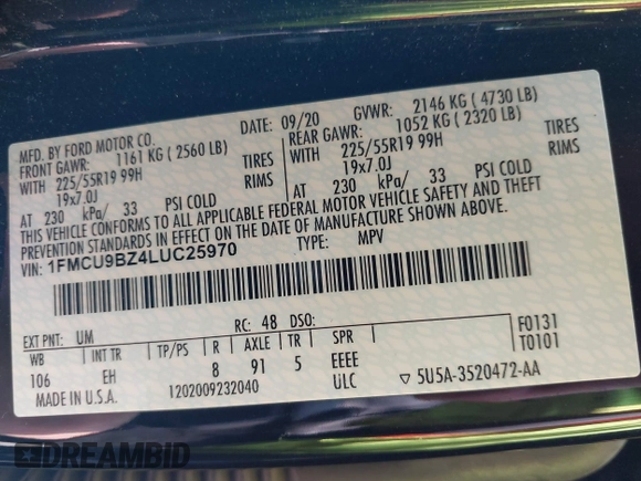2020 Ford Escape SE Sport Hybrid with VIN 1FMCU9BZ4LUC25970, listed as a IAAI auction lot 42404984 with 102,651 mi miles and . Bid and sale history available at DreamBid. Image 9.