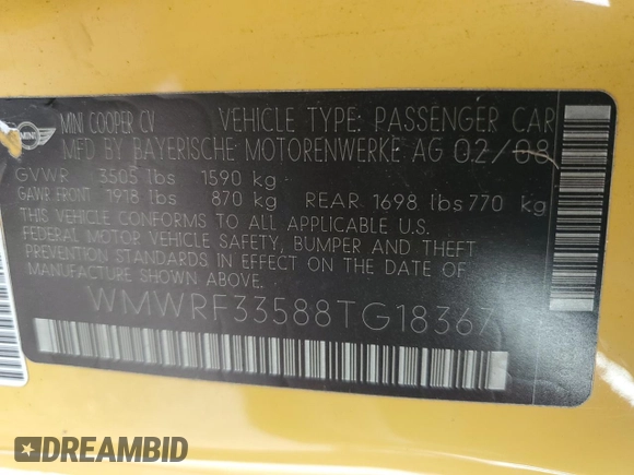 2008 MINI Convertible z VIN WMWRF33588TG18367, wystawiony jako Copart lot #47261345 z przebiegiem 132 150 mil mil oraz Szkody całkowita. Historia ofert i sprzedaży dostępna na DreamBid. Obrazek 12.