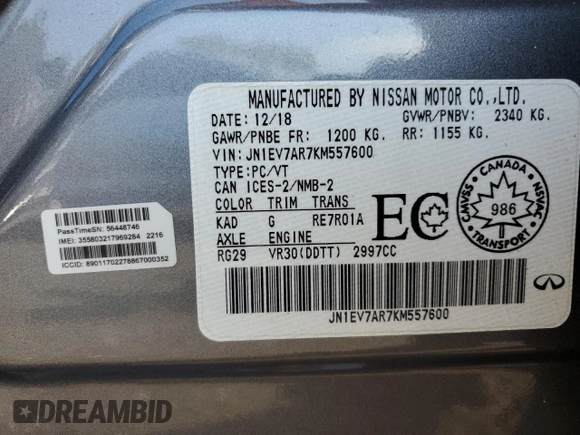 2019 Infiniti Q50 Luxe with VIN JN1EV7AR7KM557600, listed as a Copart auction lot 65713405 with 48,542 mi miles and Salvage title. Bid and sale history available at DreamBid. Image 12.