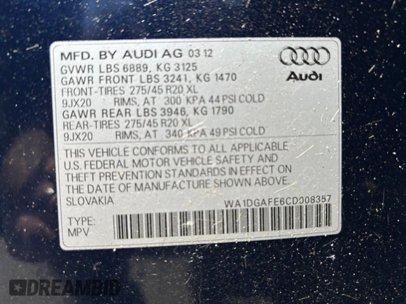 2012 Audi Q7 S line with VIN WA1DGAFE6CD008357, listed as a Copart auction lot 60036955 with 98,599 mi miles and Clean title. Bid and sale history available at DreamBid. Image 10.