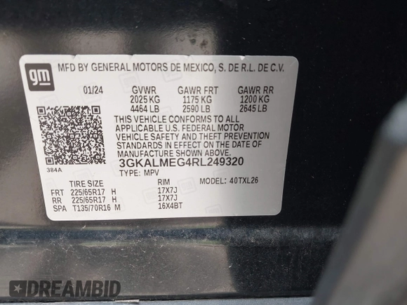 2024 GMC Terrain SLE with VIN 3GKALMEG4RL249320, listed as a IAAI auction lot 42445409 with Not provided miles and . Bid and sale history available at DreamBid. Image 9.