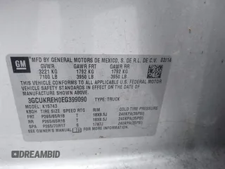 2014 Chevrolet Silverado 1500 LT with VIN 3GCUKREH0EG399090, listed as a IAAI auction lot 42142324 with 104,226 mi miles and . Bid and sale history available at DreamBid. Image 9.