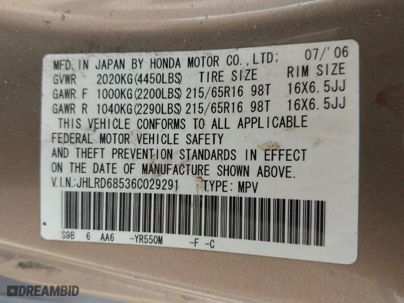 2006 Honda CR-V LX with VIN JHLRD68536C029291, listed as a IAAI auction lot 42031959 with 195,392 mi miles. Bid and sale history available at carsss.com. Image 9.