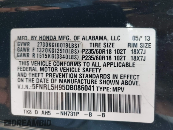 2013 Honda Odyssey Touring with VIN 5FNRL5H95DB086041, listed as a IAAI auction lot 42477974 with 213,343 mi miles and . Bid and sale history available at DreamBid. Image 9.