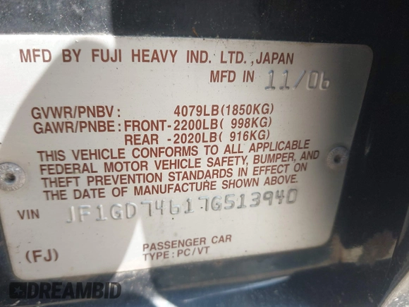 2007 Subaru Impreza WRX z VIN JF1GD74617G513940, wystawiony jako IAAI lot #42398348 z przebiegiem 125 510 mil mil oraz . Historia ofert i sprzedaży dostępna na DreamBid. Obrazek 9.