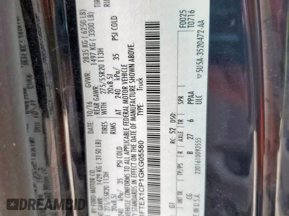 2016 Ford F-150 XL с VIN 1FTEX1CP1GKG05580, выставлен на аукционе Copart как лот 57398185 с пробегом 48 091 миль миль и Списание • Salvage title. История ставок и продаж доступна на DreamBid. Изображение 13.
