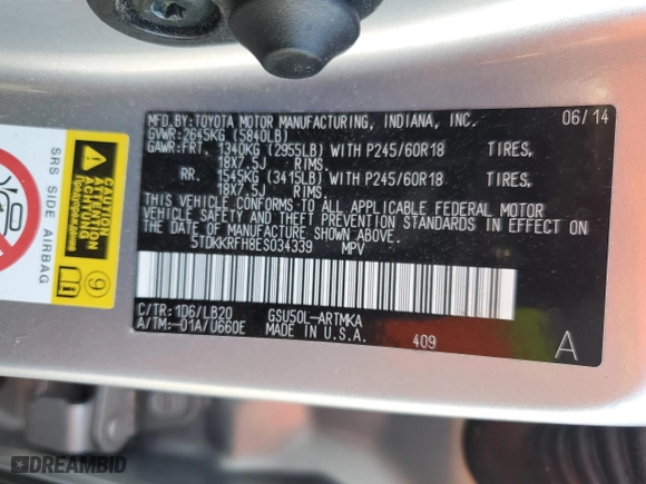 2014 Toyota Highlander XLE with VIN 5TDKKRFH8ES034339, listed as a Copart auction lot 49213015 with 115,317 mi miles and Salvage Title. Bid and sale history available at carsss.com. Image 15.