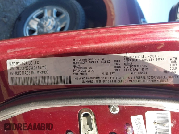 2020 Ram 2500 Tradesman with VIN 3C6UR5CJ3LG214710, listed as a IAAI auction lot 41631539 with 31,306 mi miles and . Bid and sale history available at DreamBid. Image 9.