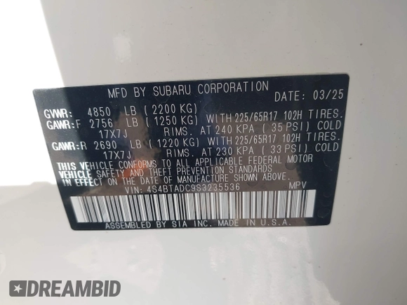 2025 Subaru Outback Premium with VIN 4S4BTADC9S3235536, listed as a IAAI auction lot 42313570 with 123 mi miles and . Bid and sale history available at DreamBid. Image 9.