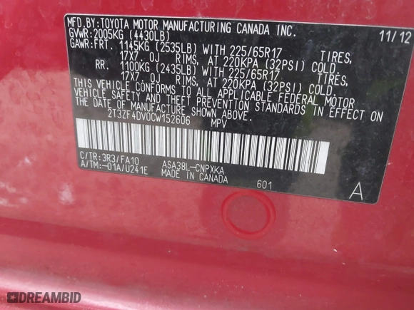 2012 Toyota RAV4 with VIN 2T3ZF4DV0CW152606, listed as a IAAI auction lot 41128479 with 3,102,023 mi miles. Bid and sale history available at carsss.com. Image 9.