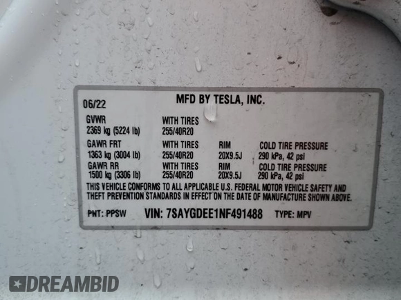 2022 Tesla Model Y Long Range with VIN 7SAYGDEE1NF491488, listed as a Copart auction lot 49266945 with 44,703 mi miles and Salvage Title. Bid and sale history available at carsss.com. Image 13.