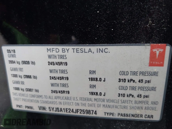 2018 Tesla Model S 75D with VIN 5YJSA1E24JF259874, listed as a IAAI auction lot 41921382 with 82,182 mi miles and . Bid and sale history available at DreamBid. Image 9.