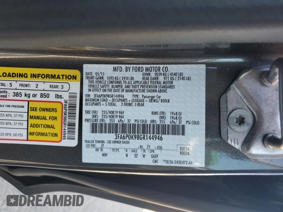 2016 Ford Fusion Titanium with VIN 3FA6P0K98GR144946, listed as a Copart auction lot 60359525 with 51,499 mi miles and Salvage title. Bid and sale history available at DreamBid. Image 12.