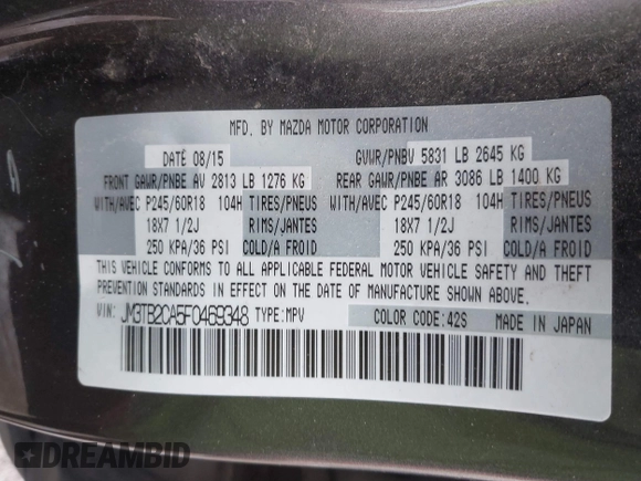 2015 Mazda CX-9 Touring with VIN JM3TB2CA5F0469348, listed as a IAAI auction lot 41516084 with 134,460 mi miles. Bid and sale history available at carsss.com. Image 9.