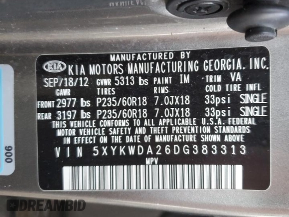 2013 Kia Sorento SX with VIN 5XYKWDA26DG383313, listed as a Copart auction lot 42489555 with 204,769 mi miles and Salvage Title. Bid and sale history available at carsss.com. Image 13.