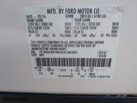 2016 Ford Explorer Limited with VIN 1FM5K8F89GGC20293, listed as a IAAI auction lot 41999584 with 90,840 mi miles. Bid and sale history available at carsss.com. Image 9.