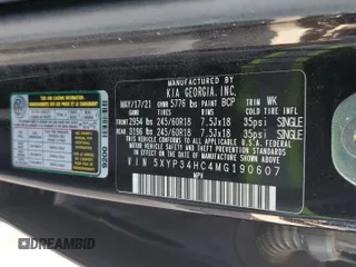 2021 Kia Telluride EX с VIN 5XYP34HC4MG190607, выставлен на аукционе Copart как лот 60935305 с пробегом 42 682 миль миль и Списание • Salvage title. История ставок и продаж доступна на DreamBid. Изображение 14.