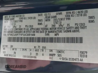2015 Ford Escape S with VIN 1FMCU0F71FUC05149, listed as a IAAI auction lot 42055622 with 156,738 mi miles and . Bid and sale history available at DreamBid. Image 9.