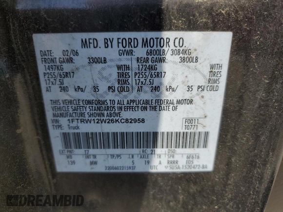 2006 Ford F-150 XLT with VIN 1FTRW12W26KC82958, listed as a Copart auction lot 50291665 with 0 mi miles and Salvage Title. Bid and sale history available at carsss.com. Image 13.