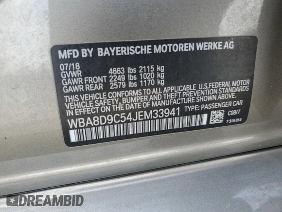 2018 BMW 3 Series 330i xDrive with VIN WBA8D9C54JEM33941, listed as a Copart auction lot 59501545 with 46,016 mi miles and Salvage title. Bid and sale history available at DreamBid. Image 12.