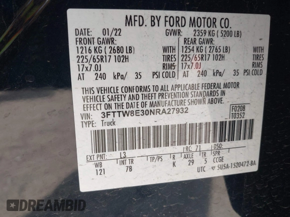 2022 Ford Maverick XL with VIN 3FTTW8E30NRA27932, listed as a IAAI auction lot 41763584 with 39,115 mi miles and . Bid and sale history available at DreamBid. Image 9.