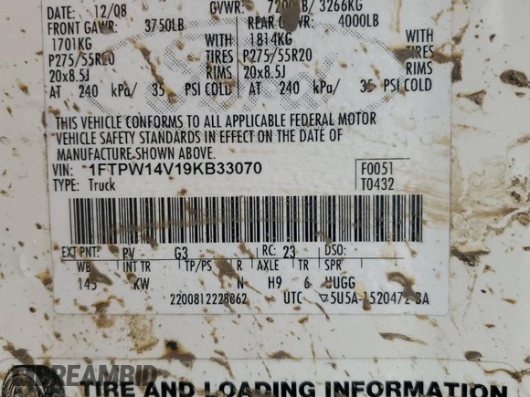 2009 Ford F-150 XL z VIN 1FTPW14V19KB33070, wystawiony jako Copart lot #55521345 z przebiegiem Nie podano mil oraz Szkoda całkowita • Salvage title. Historia ofert i sprzedaży dostępna na DreamBid. Obrazek 12.