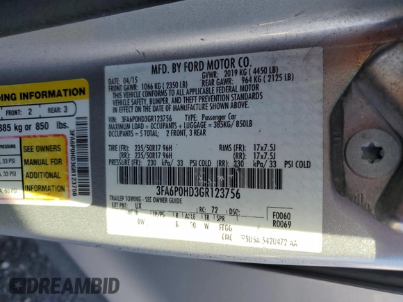 2016 Ford Fusion SE with VIN 3FA6P0HD3GR123756, listed as a Copart auction lot 47828915 with 226,301 mi miles and Salvage Title. Bid and sale history available at carsss.com. Image 14.