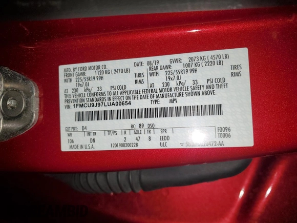 2020 Ford Escape Titanium with VIN 1FMCU9J97LUA00654, listed as a Copart auction lot 83695954 with 44,974 mi miles and Salvage title. Bid and sale history available at DreamBid. Image 13.
