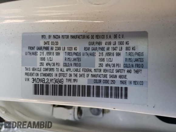 2020 Mazda CX-30 with VIN 3MVDMABL2LM134849, listed as a Copart auction lot 47198735 with 31,797 mi miles and Salvage Title. Bid and sale history available at DreamBid. Image 13.