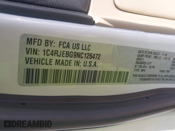 2022 Jeep Grand Cherokee Limited with VIN 1C4RJEBG9NC126472, listed as a IAAI auction lot 42008318 with 77,508 mi miles and . Bid and sale history available at DreamBid. Image 9.
