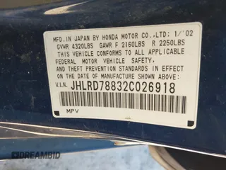 2002 Honda CR-V EX with VIN JHLRD78832C026918, listed as a IAAI auction lot 41600006 with 242,054 mi miles. Bid and sale history available at carsss.com. Image 9.