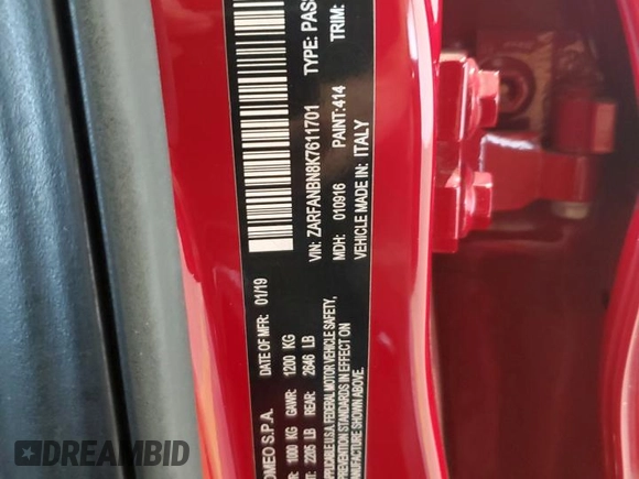 2019 Alfa Romeo Giulia Ti с VIN ZARFANBN8K7611701, выставлен на аукционе Copart как лот 65389955 с пробегом 49 584 миль миль и Списание • Salvage title. История ставок и продаж доступна на DreamBid. Изображение 13.