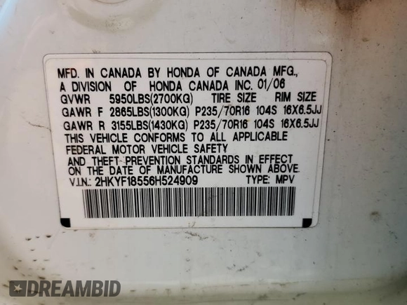 2006 Honda Pilot EX-L with VIN 2HKYF18556H524909, listed as a Copart auction lot 52344245 with 284,456 mi miles and Non Repairable. Bid and sale history available at DreamBid. Image 13.