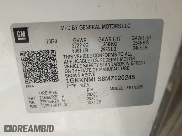 2021 GMC Acadia SLT with VIN 1GKKNMLS8MZ120245, listed as a IAAI auction lot 41170043 with 83,890 mi miles. Bid and sale history available at carsss.com. Image 9.