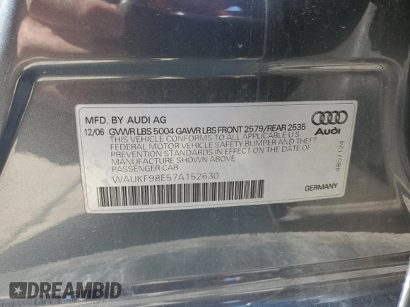 2007 Audi A4 with VIN WAUKF98E57A152630, listed as a Copart auction lot 76927614 with 71,930 mi miles and Salvage title. Bid and sale history available at DreamBid. Image 12.