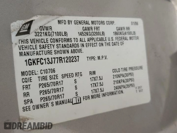2007 GMC Yukon SLT with VIN 1GKFC13J77R120237, listed as a Copart auction lot 52671005 with 266,648 mi miles and Salvage Title. Bid and sale history available at carsss.com. Image 13.