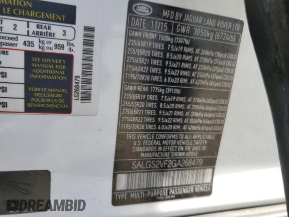 2016 Land Rover Range Rover HSE with VIN SALGS2VF2GA268479, listed as a Copart auction lot 53663055 with 135,323 mi miles and Clean title. Bid and sale history available at DreamBid. Image 13.