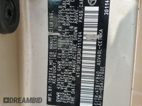 2010 Toyota Camry with VIN 4T1BF3EK3AU111764, listed as a Copart auction lot 56671915 with 194,910 mi miles and Clean Title. Bid and sale history available at DreamBid. Image 12.