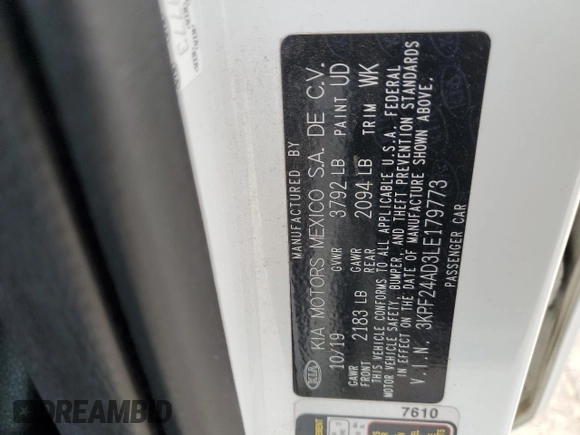 2020 Kia Forte LXS with VIN 3KPF24AD3LE179773, listed as a Copart auction lot 44082085 with 0 mi miles and Salvage Title. Bid and sale history available at carsss.com. Image 14.