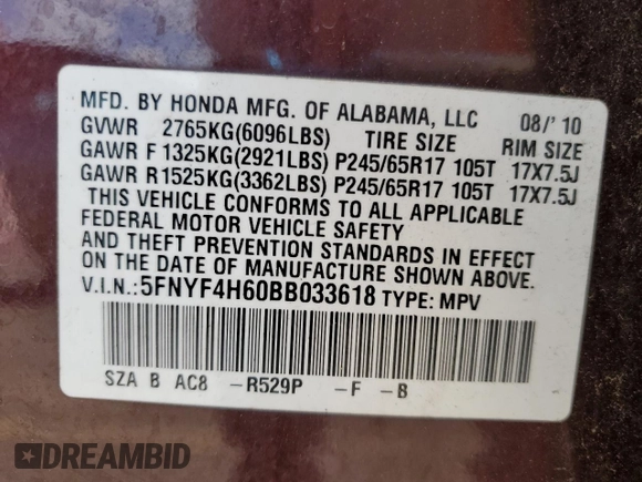 2011 Honda Pilot EX-L z VIN 5FNYF4H60BB033618, wystawiony jako Copart lot #55600035 z przebiegiem 135 171 mil mil oraz Szkody całkowita. Historia ofert i sprzedaży dostępna na DreamBid. Obrazek 14.