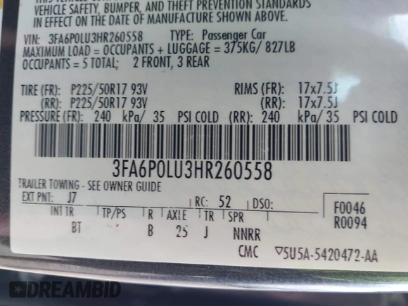 2017 Ford Fusion Hybrid SE z VIN 3FA6P0LU3HR260558, wystawiony jako IAAI lot #42657176 z przebiegiem 161 183 mil mil oraz . Historia ofert i sprzedaży dostępna na DreamBid. Obrazek 9.