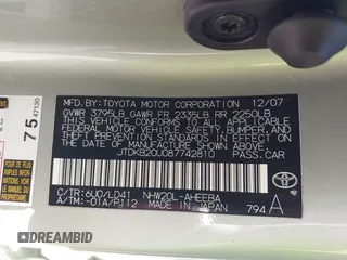 2008 Toyota Prius with VIN JTDKB20U087742810, listed as a IAAI auction lot 41829119 with 183,136 mi miles. Bid and sale history available at carsss.com. Image 9.