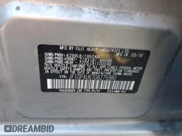 2016 Subaru Impreza Special Sports Limited z VIN JF1GPAU67G8275980, wystawiony jako Copart lot #53682055 z przebiegiem 68 335 mil mil oraz Szkoda całkowita • Salvage title. Historia ofert i sprzedaży dostępna na DreamBid. Obrazek 12.