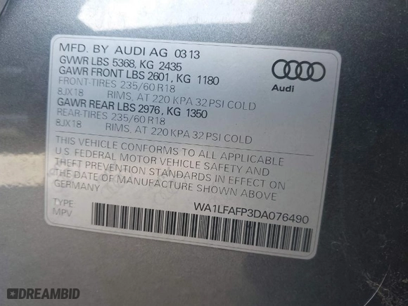 2013 Audi Q5 Premium Plus with VIN WA1LFAFP3DA076490, listed as a IAAI auction lot 41425099 with 112,334 mi miles. Bid and sale history available at carsss.com. Image 9.