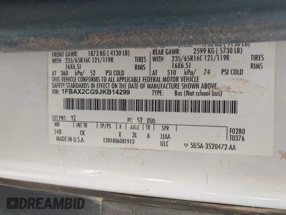 2018 Ford Transit Passenger XL с VIN 1FBAX2CG9JKB14299, выставлен на аукционе IAAI как лот 42136945 с пробегом 139 832 миль миль и . История ставок и продаж доступна на DreamBid. Изображение 8.