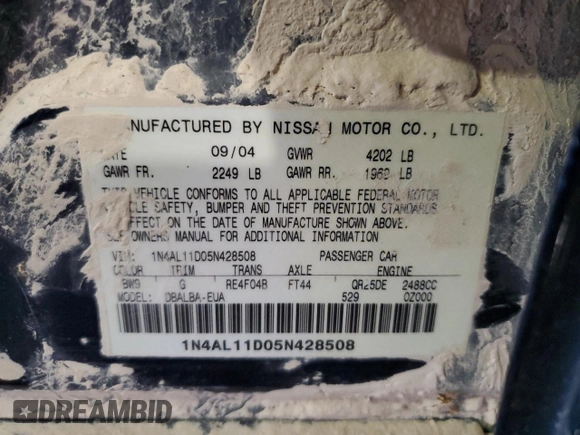 2005 Nissan Altima SL z VIN 1N4AL11D05N428508, wystawiony jako Copart lot #56551585 z przebiegiem 128 994 mil mil oraz Szkoda całkowita • Salvage title. Historia ofert i sprzedaży dostępna na DreamBid. Obrazek 12.