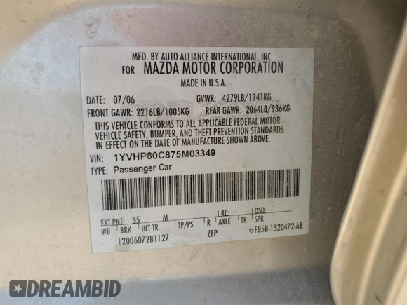 2007 Mazda 6 i Touring with VIN 1YVHP80C875M03349, listed as a Copart auction lot 85820974 with 187,562 mi miles and Salvage Title. Bid and sale history available at DreamBid. Image 12.